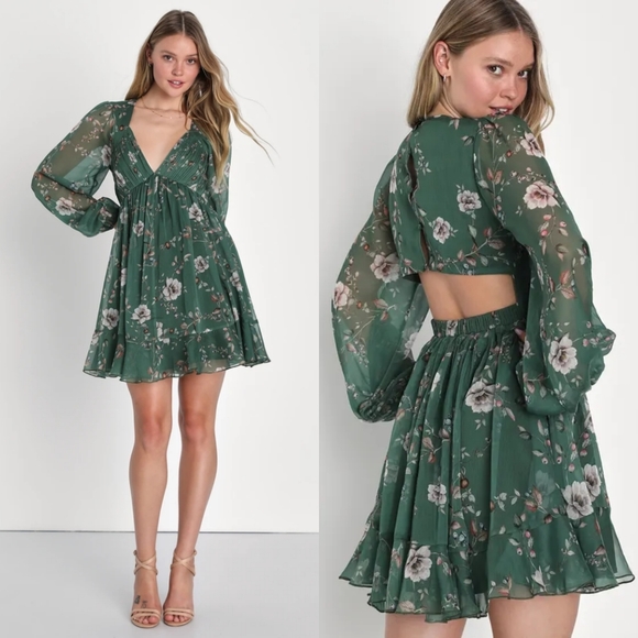 LULUS Endless Charisma Green Floral Chiffon Long Sleeve Mini Dress NWT L. - Picture 1 of 11